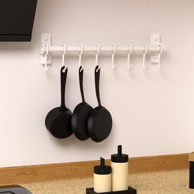 Dseap Kitchen Utensil Holder Hanger, Pot and Pan Rack Wall Mount, Kitchen Rail with 8 Hooks for Hanging Cooking Utensils, Mugs, Spoons, Wall Mounted, Stainless Steel, White