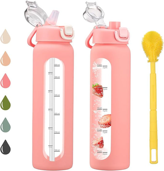 chunmo 32 oz Glass Water Bottles with 2 Lids-Handle Spout Lid & Straw Lid, 1 Liter Motivational Borosilicate Water Bottle with Time Marker and Silicone Sleeve,Leakproof-Pink-1 Pack
