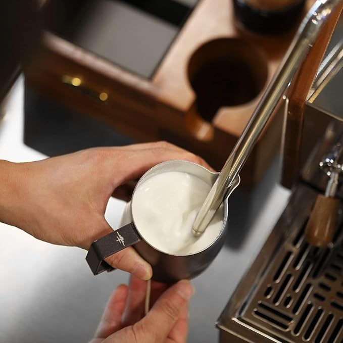 MHW-3BOMBER Milk Frothing Pitcher 12oz Milk Frother Cup Espresso Steaming Pitcher Stainless Steel Milk Frother Cup Barista Latte Art Round Spout Milk Jug, Black P6007MB-OS