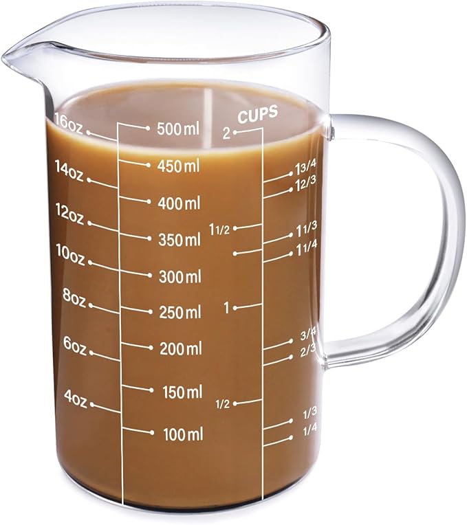 77L Glass Measuring Cup, [Insulated handle, V-Shaped Spout], High Borosilicate Glass Measuring Cup for Kitchen or Restaurant, Easy To Read, 500 ML (0.5 Liter, 2 Cup)