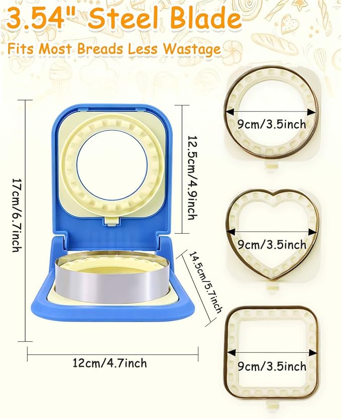 3-in-1 Uncrustable Sandwich Maker - Heart/Circle/Square Crustless Sandwich Cutter & Sealer for Kids' Lunch, Breakfast & Lunchboxes | BPA-Free Uncrustable Press,Easy Clean(3-Shape Blue)