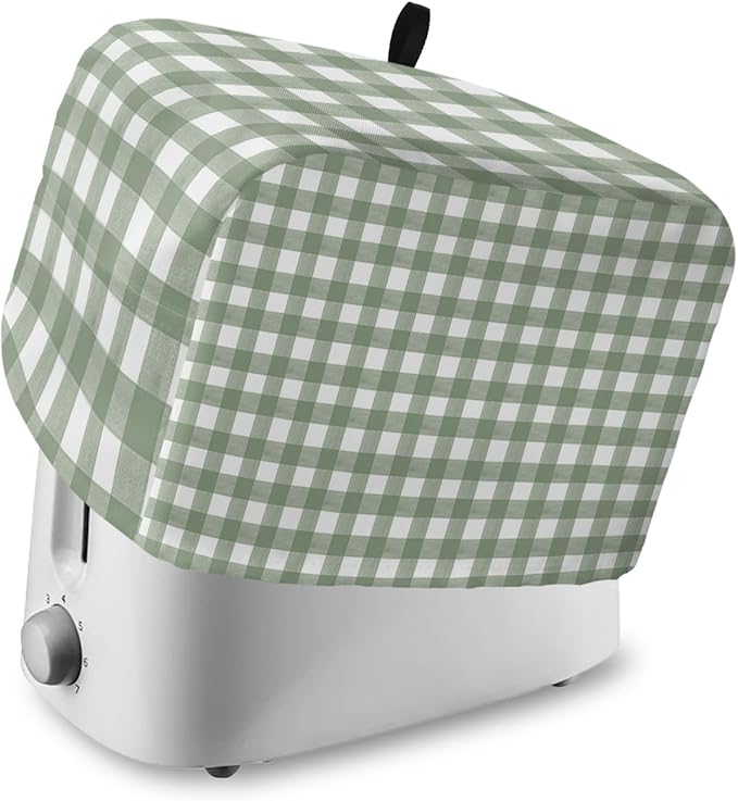 Sage Green Buffalo Plaid Toaster Cover 2 Slice, Small Kitchen Appliance Cover, Farmhouse White Checkered With Loop, Bread Machine Polyester Dust Protection
