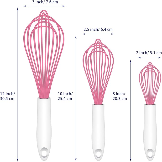 Pink Silicone Whisk, Sealed Waterproof Design Set of 3, Professional Kitchen Whisks for Cooking Non-Scratch, Silicone&Stainless Steel Whisk, Heat Resistant 480°F Rubber wisk, BPA free