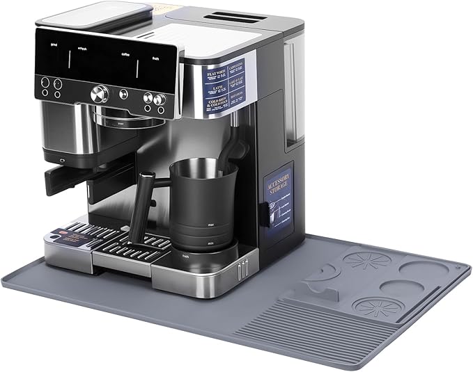 Silicone Coffee Mat for Ninja Luxe Espresso Machine ES601 – Large Anti-Slip Heat-Resistant Coffee Bar Mat for Ninja luxe Cafe Accessories and Most Home Espresso Machines with Convex Edge Gray