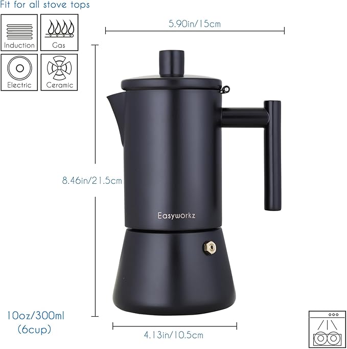 Easyworkz Diego Stovetop Espresso Maker Stainless Steel Italian Coffee Machine Maker 6Cup 10 oz Moka Pot Induction Espresso Pot - Matte Black
