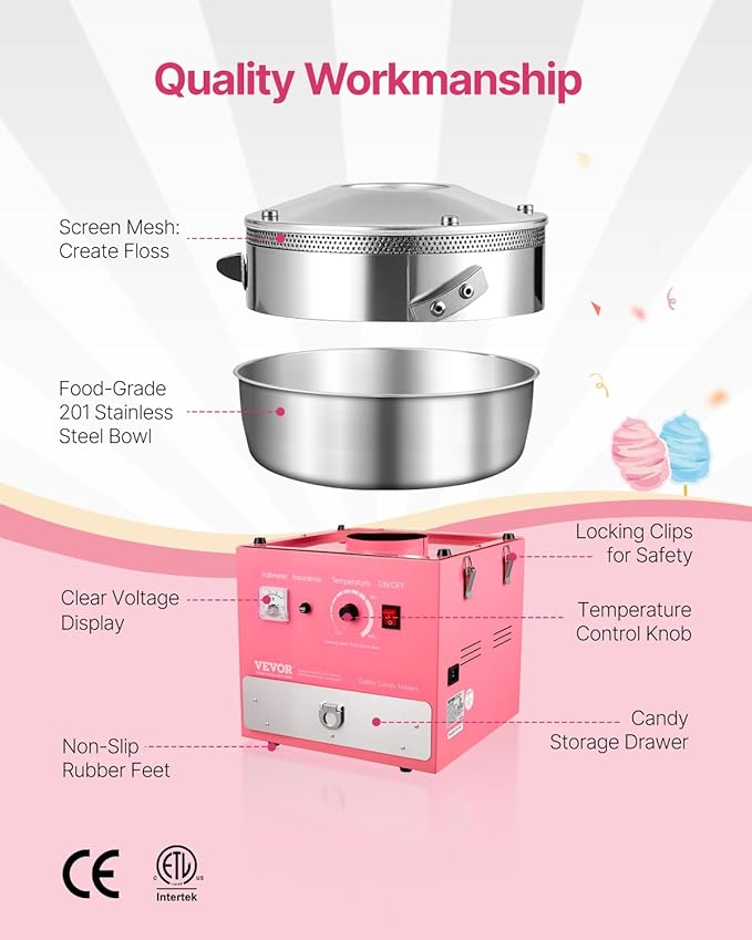 VEVOR Electric Cotton Candy Machine, 1000W Commercial Candy Floss Maker with 20.5 in Stainless Steel Bowl, Sugar Scoop, and Drawer, Easy Home Use, Perfect for Kids Birthday, Family Party, Pink