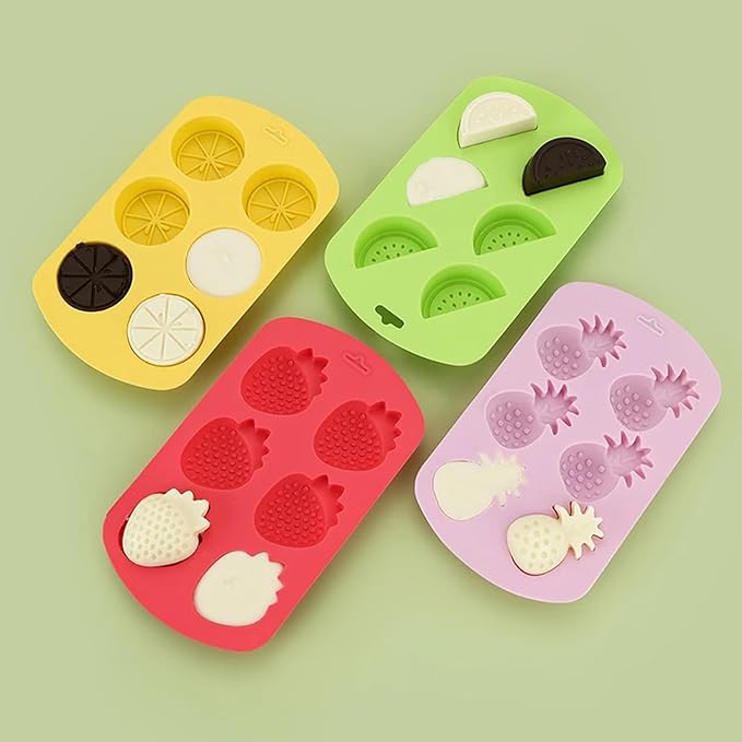 4 Pack Fruit Silicone Molds Set - Watermelon/Strawberry/Lemon/Pineapple Shapes for Gummy, Chocolate, Ice Cubes - Reusable Candy & Cake Decor Baking Tools