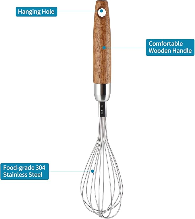 304 Stainless Steel Whisk with Wooden Handle, Balloon Egg Beater Versatile for Stirring, Beating, Whisking, Blending, Mixing Egg, Cake Batter, Bread Flour, Gravy or Sauces