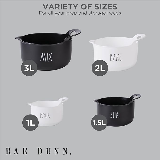 Rae Dunn Non-Slip Mixing Bowls - 4 Piece Nesting Plastic Mixing Bowl Set with Pour Spouts and Handles-Measurement Markings (Black)
