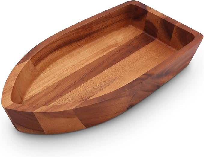 Arthur Court Acacia Wood Serving Bowl for Fruits or Salads Boat Shape Style Large 3 inch Tall x 9 inch Wide x 16 inch Long Wooden Single Bowl
