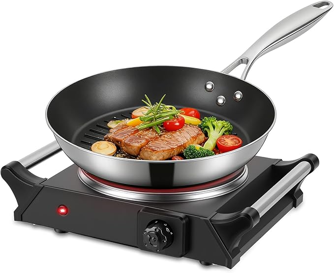 Electric Countertop Single Burner, 1000W Cooktop with Crystal Glass Hot Plate, 5-Level Stepless Temperature Control, Stay Cool Handles, Easy to Clean, Compatible Cooking Stove for Office Home RV