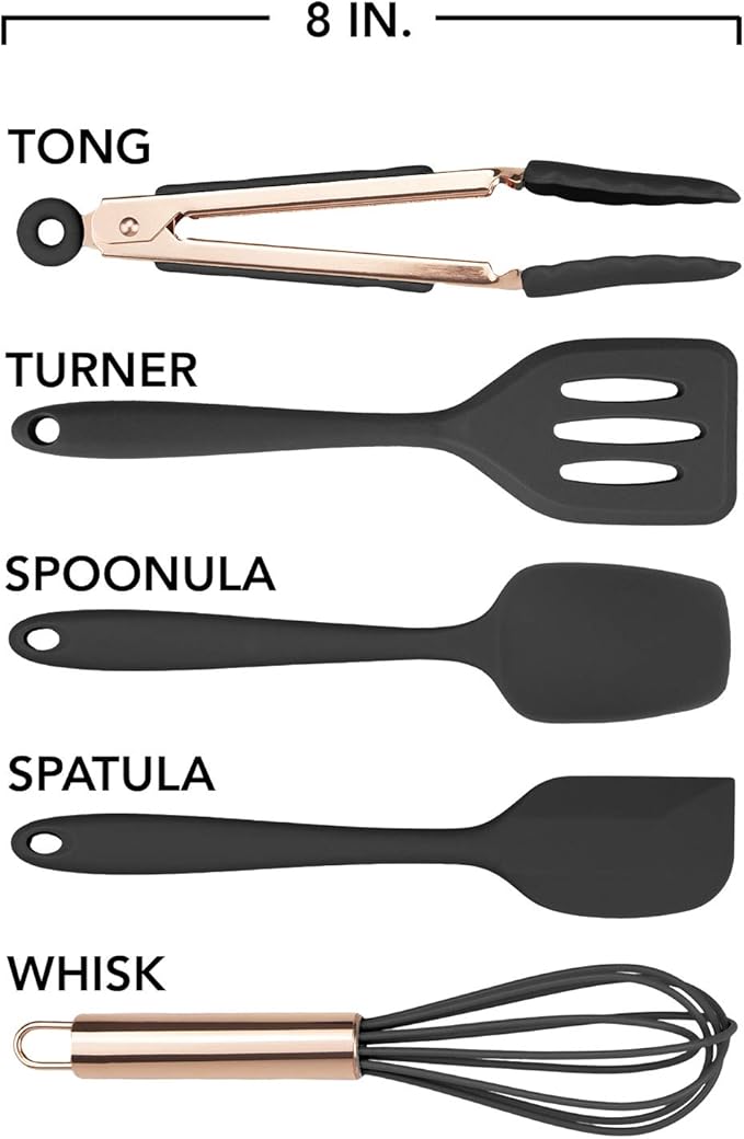 COOK WITH COLOR Silicone Cooking Utensils, Kitchen Utensil Set, Easy to Clean Silicone Kitchen Utensils, Cooking Utensils for Nonstick Cookware, Kitchen Gadgets Set, Mini, Black