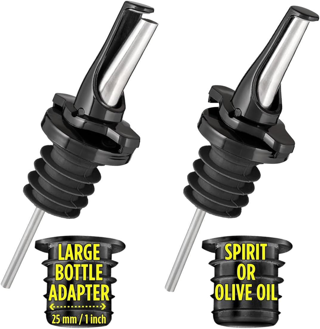 3-in-1 Liquor Pour Spout | Olive Oil Spout with Built-in Caps for Optimal Fly and Dust Protection - Dishwasher Safe, Hygienic Alcohol Speed Spouts - Black 2 PCs with 2 Adapters for Large Neck Bottles