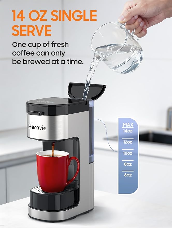 Horavie Single Serve Coffee Maker, Hot and Iced Coffee Maker for K Cup and Ground, 6 to 14 Oz Brew Sizes Single Cup Coffee Maker with Descaling Alert, Ideal for Home, Travel, RV and Dorm,Black
