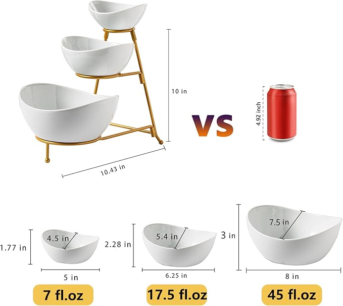 Gomakren 3 Tiered Oval Serving Bowl with Collapsible Metal Rack, Chip and Dip Serving Set, Dessert Appetizer Bowl Set (45oz / 17.5oz / 7oz), White Serving Bowls For Entertaining (Gold Stand)