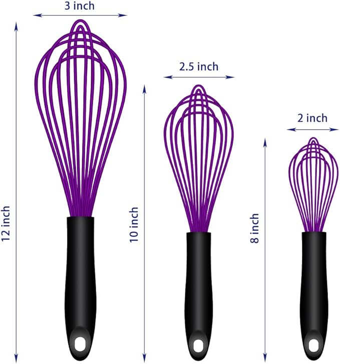 Dishwasher Safe Purple Silicone Whisk, Sealed Waterproof Design Set of 3, Professional Kitchen Whisks for Cooking Non-Scratch, Silicone & Stainless Steel Whisk, Heat Resistant Balloon Egg Beater