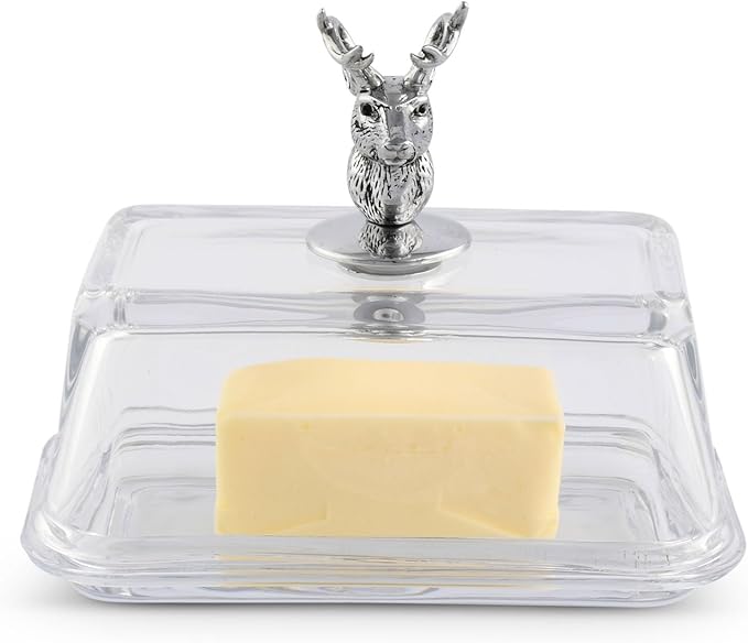 Arthur Court Glass Butter Dish with Lid Elk Head Knob | Classic 2-Piece Design Covered Butter Keeper | Covers and Holds a Standard Stick of Butter | Rustic Cabin Lodge Décor