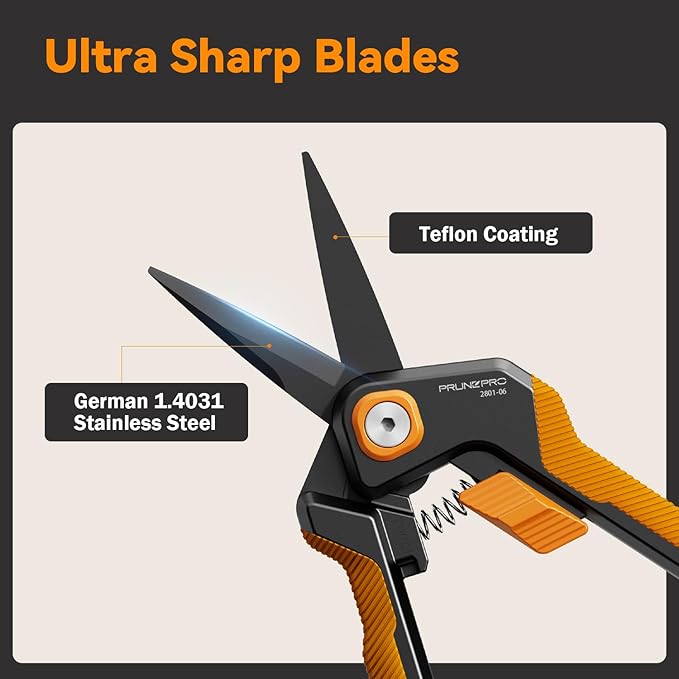 PrunePro Garden Scissors Pruning Shears Sharp Stainless Steel Non-Stick Teflon Coating Blade for Precise Cuts Garden Snip Bonsai Clippers for Plants Rose Flower Orange 1 Pack
