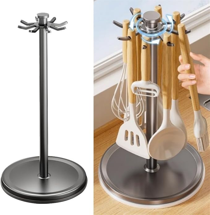 Organizer Rack Rotatable Utensil Holder, With 8 Hooks And 360 Degree Rotation For Kitchen Countertop, Space Saving Organizer For Cooking Tools(Black)