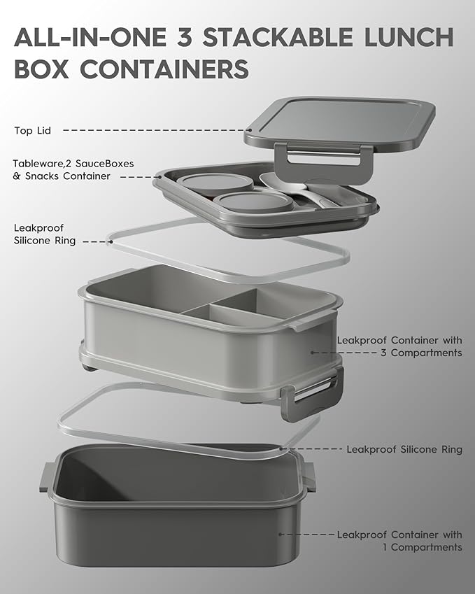 KEMETHY Adults Bento Lunch Box Set with Thermo Bag, 74oz Stackable Leak-proof 3-tiers Bento Box, Built-in Utensil and Sauce Container for Work, School, Dining Out (Gray)