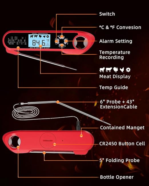 Brigii Meat Thermometer, Instant Read Digital Thermometer-Waterproof/Backlight, 43in Extended Probe and Folding Probe, Oven-Safe Design, Kitchen Food Thermometer for Deep Fry, Grilling, BBQ