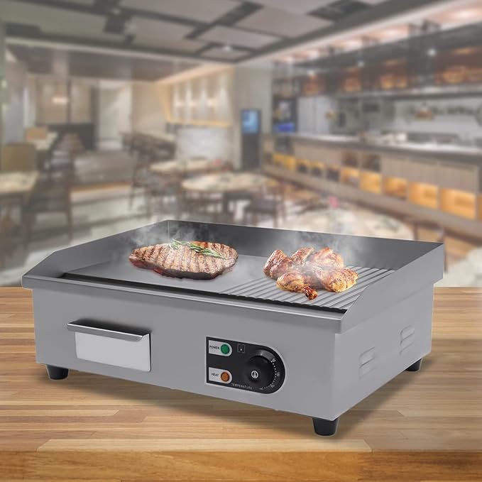 Commercial Flat Top Grill, 22" Extra Large Commercial Electric Griddle, 1600W high working power Tabletop Flat Top Grill Indoor for BBQ Pancake Chicken, Adjustable Temperature 122℉-572℉