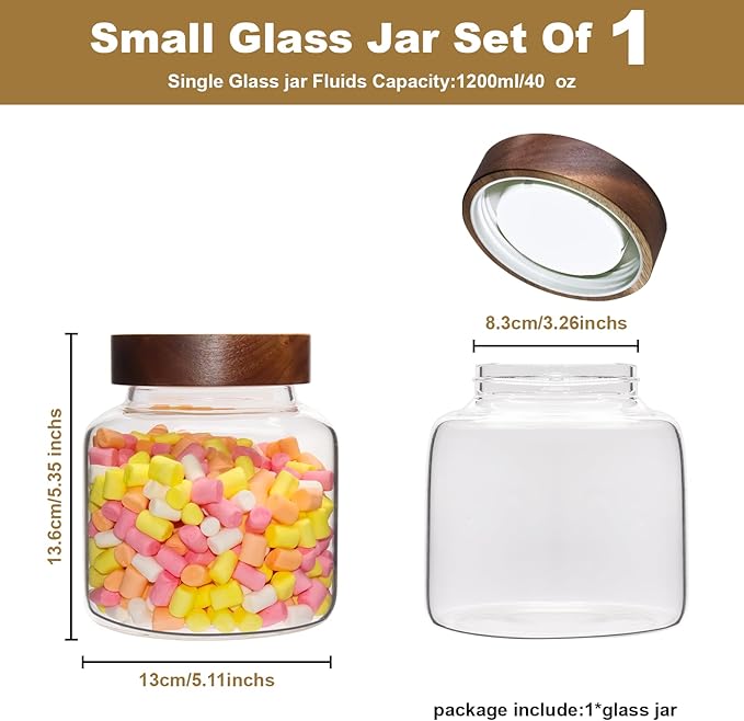 40 oz Glass Jars with Wooden Airtight Lid Herb Spice Canister Round Clear Glass Food Storage Container for Pantry Sugar Tea Coffee Bean Spice Cookies Bath Salts (1200ml/40oz-1 Pack)