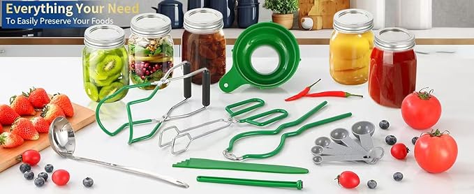 Canning Supplies Starter Kit,Canning Kit for Beginners of 9 with Jar Lifter，Wide Mouth Funnel,Wrench,Tongs,Lid Lifter,Bubble Popper,Canning Labels,ladle,Measuring Spoon-Deep Green