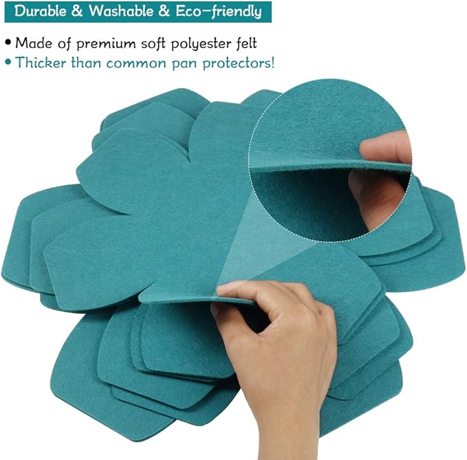 BYKITCHEN Pot and Pan Protectors, Set of 12 and 3 Different Sizes, Larger & Thicker Felt Pan Protector Pads, Cyan Pot Separators Protectors for Stacking and Protecting Your Cookware