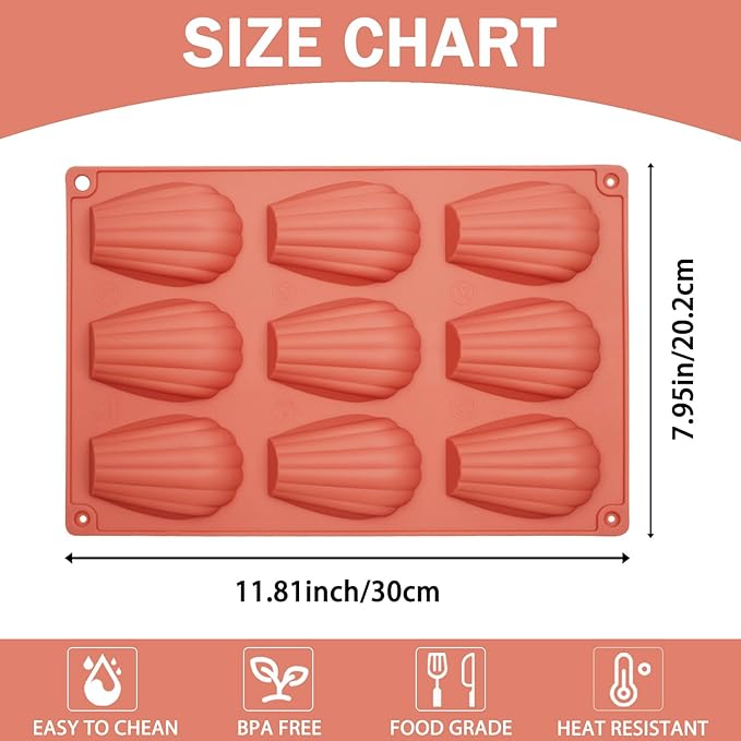 2PCS Silicone Madeleine Pan, 9 Cavity Non-Stick Madeleine Baking Molds, 3D Shell Shaped Cake Mold for Baking, Chocolate, Candy, Cookie, Dessert, BPA Free, Dishwasher Safe