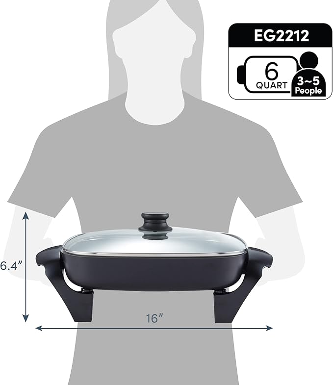 Elite Gourmet 12"x12"x2.15” Ceralast™ PFAS Free Ceramic Electric Skillet, Dishwasher Safe, Rapid Heat Up, 1200W, Dark Grey