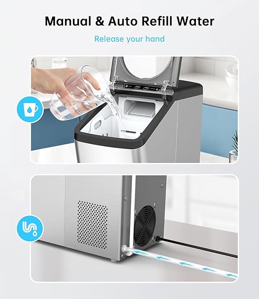 WIE Nugget Ice Maker Countertop, 44 lbs in 24 Hours, Pellet Ice Maker Machine with Self-Cleaning, 0.75 Gallon Tank & Scoop Included, Crushed Pebble Ice Makers for Home/Office/Bar/Party, Silver