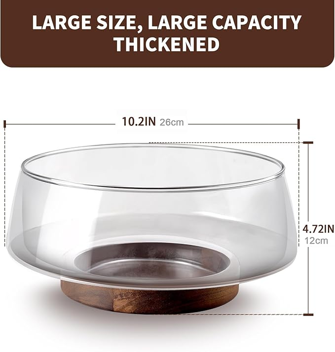 Large Glass Salad Bowls Set with Acacia Wood Base and Lid and Salad Serving Utensils, Elegant and Practical Salad Bowls for Kitchen Essentials Party