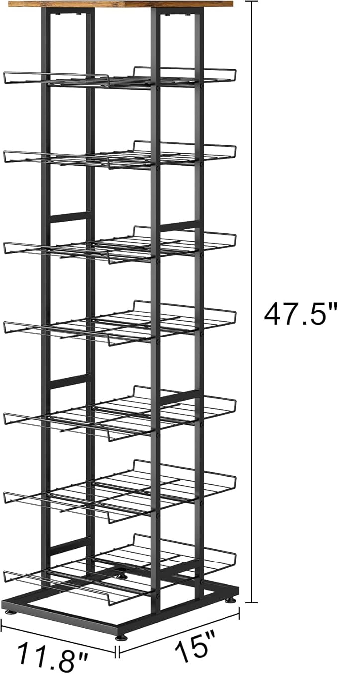 GILLAS 8 Tier with Wooden Top Water Bottle Storage with Wooden Tabletop,Metal Beverage Can Rack,Large Capacity Bottled Rack Water Bottle Holder Stand for Cabinet,Countertop Kitchen,Party,Black