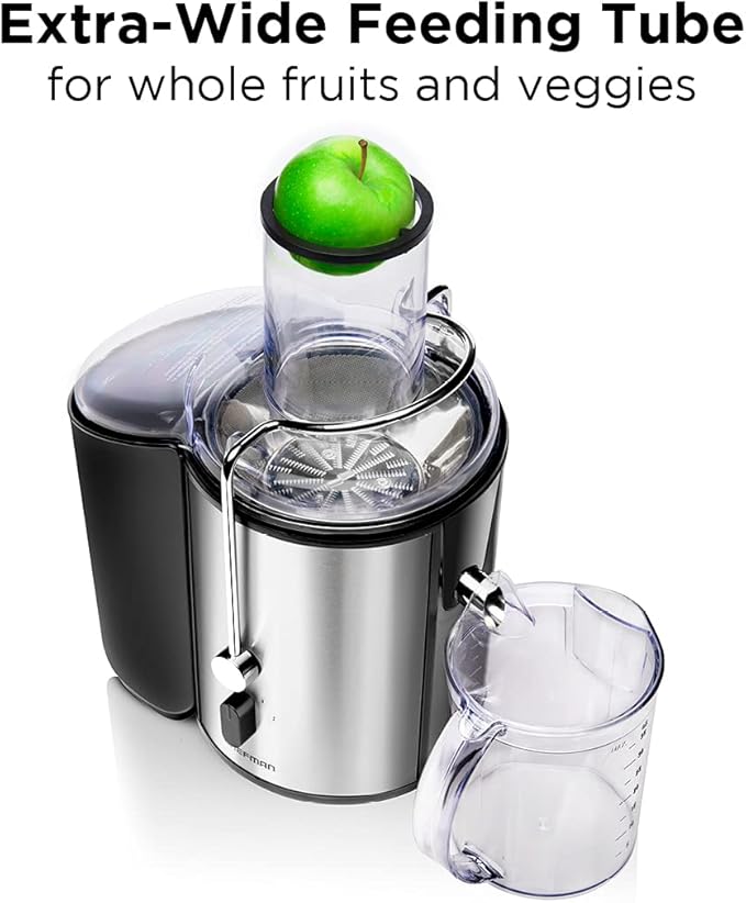 Chefman 2-Speed Electric Juicer, Extra-Wide Feeding Tube For Whole Fruits, Make Nutritious Vegetable And Green Juice, Detachable 1-Quart Pitcher, Built-In Foam Separator, Dishwasher-Safe Parts