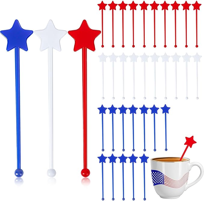 Jansun 36 Pcs 4th of July Patriotic Cocktail Stirrers, Red White and Blue Drink Stirrers Plastic Swizzle Sticks Reusable Coffee Stirrers Stir Sticks for Fourth of July Independence Day Party Supplies