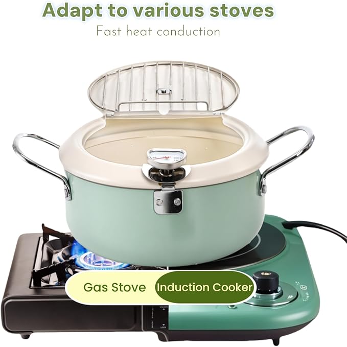 ZOOFOX Deep Fryer Pot with Thermometer, Japanese Frying Pot with Lid and Oil Drain Rack, Non-stick Tempura Fryer Pan for Kitchen French Fries, Chicken, Seafood