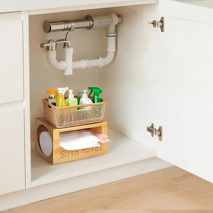 Bamboo Garbage Bag Dispenser Roll Holder - Wall Mount Trash Bag Organizer for 13-33 Gallons, Under Sink Kitchen Grocery Bag Storage Container, Not Suitable for Large Roll