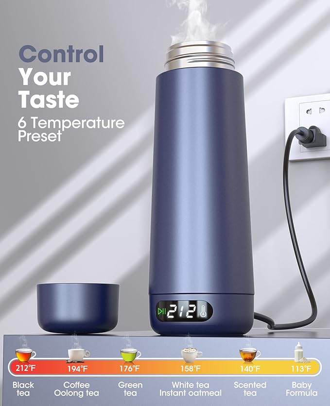 Travel Kettle, Dual Voltage Portable Electric Kettle 110V-220V-240V Smart Small Water Boiler 370ML for Tea & Coffee, 316 Stainless Steel, 6 Temperature Control and LCD Display, for Global Use