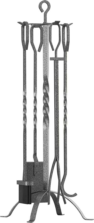 Fire Beauty 5 Pieces Fireplace Tools Sets Fireplace Accessories Tools Holder with Handles Tools for Indoor Fireplace Decor Outdoor Fire Pit Modern Tool(Pewter)