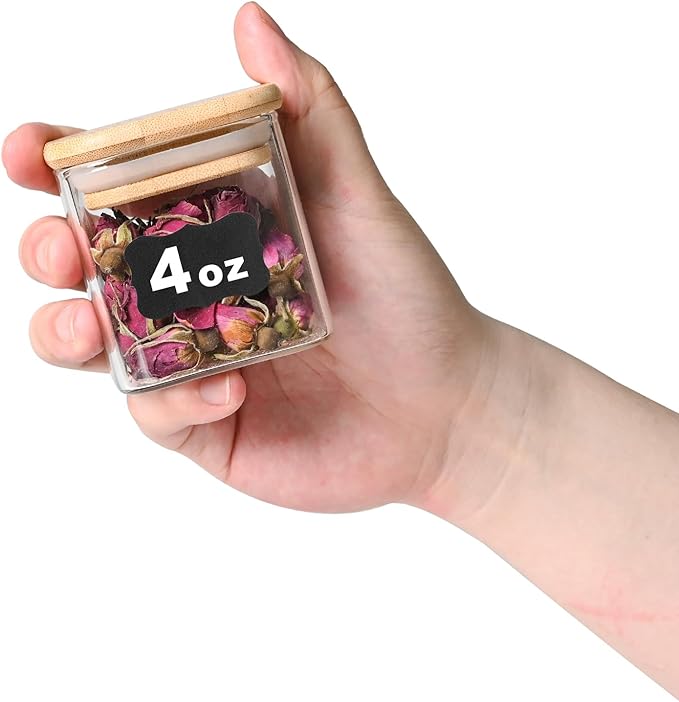 SHOWIN Glass Food Storage Jars Square 4oz, 12 Pack Glass Jars With Bamboo Lids, Kitchen Storage Containers For Spice, Candy, Cookie, Storage For Pantry Organizers