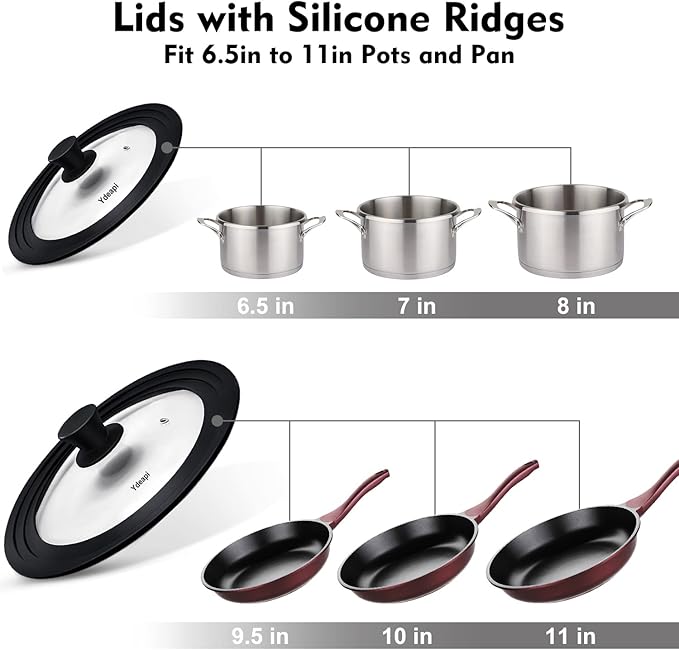 Ydeapi Universal Lids for Pots, Pans & Skillets - Fits 6.5", 7" & 8" Diameter, 9.5", 10" & 11" Diameter Cookware，Tempered Glass with High Heat Resistant Silicone Rim-2PK Cookware（2PK）