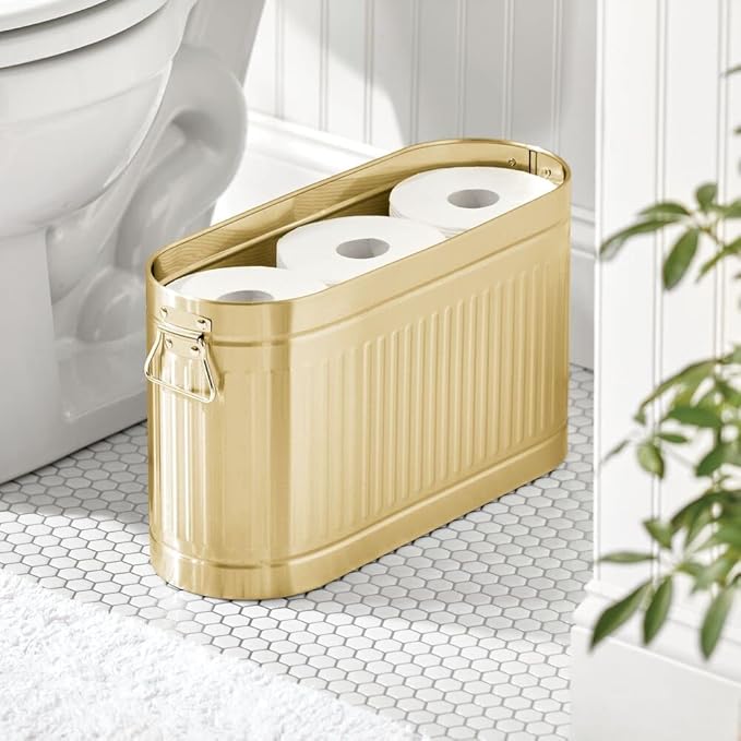 mDesign Large Steel Free Standing Toilet Paper Organizer, 6-Roll Tissue Storage Holder Container for Bathroom Floor, Fits Under Sink, Vanity, Shelf, In Cabinet, or Corner Oscar Collection - Soft Brass