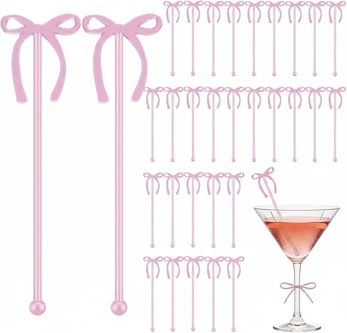 SiliFine 30 Pcs 6 Inch Party Drink Stirrers, Bow Stir Sticks Coffee Stirrers Reusable Plastic Swizzle Sticks for Wedding Birthday Bridal Cocktail Decorations Galentines Supplies(Rose Gold)
