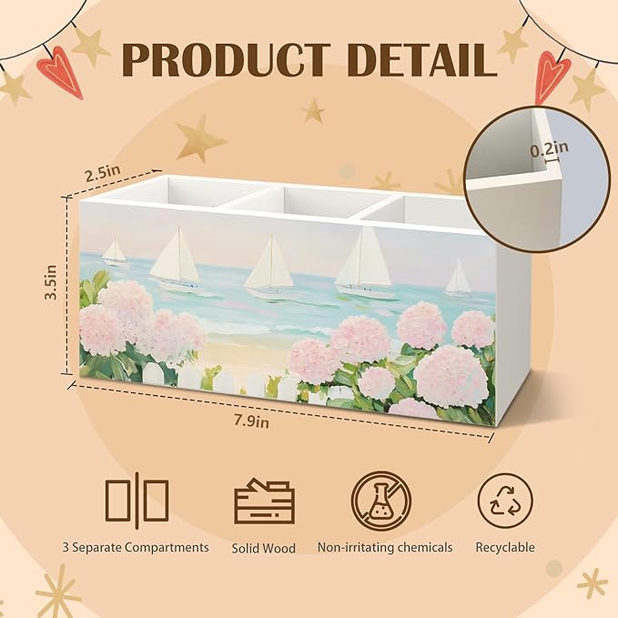 Pastel Pink Coastal Hydrangeas Wooden Utensils Holder, Aesthetic Beach Nautical Sailboat Seascape Wood Cooking Utensil Holder Organizer for Kitchen Countertop Counter Decor Accessories