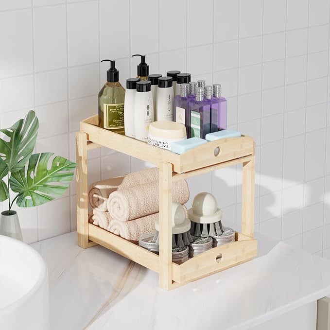 Bamboo Wood Under Sink Organizer 1 Pack, Pull Out Cabinet Organizer 2 Tier Under Sink Organizers and Storage with Sliding Drawer Sturdy Easy Assembly for Kitchen Bathroom Undersink (Nature, 2 Packs)