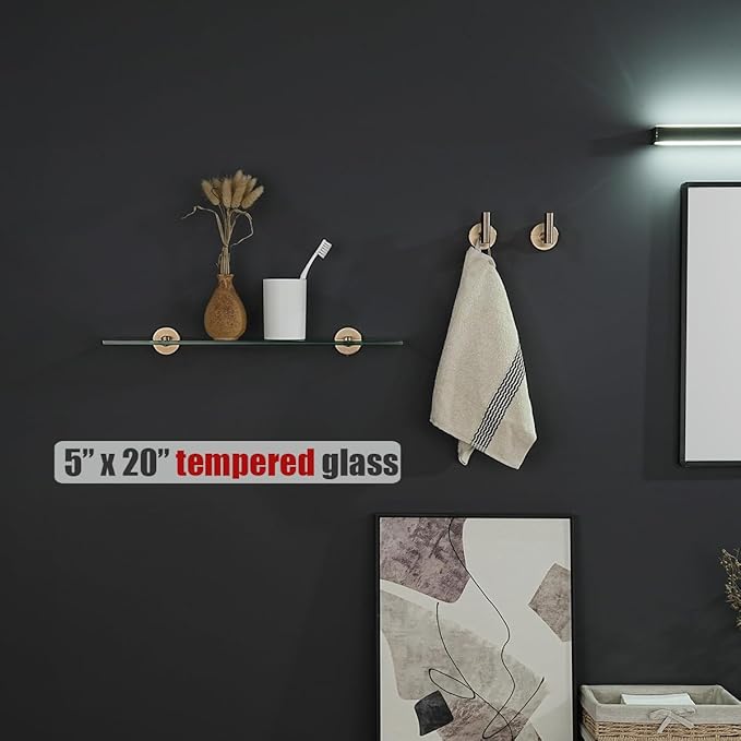 JQK Bathroom Glass Shelf, Tempered Glass Shower Storage 20 by 5 inches, 304 Stainless Steel Champagne Bronze Wall Mount, 2 Pack, TGS101L20-CB-P2