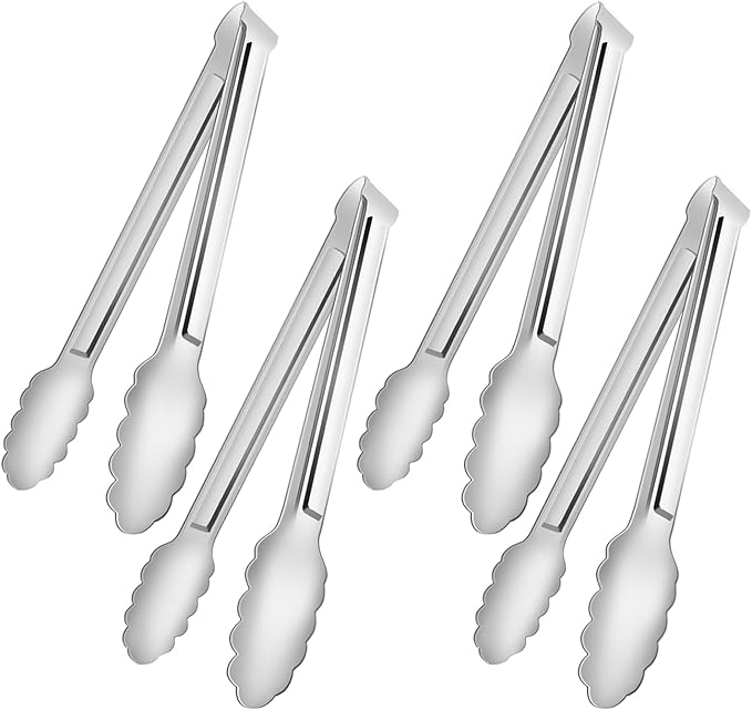 4 Pack Serving Tongs for Buffet,Metal Kitchen Tongs,Stainless Steel Food Tongs, Small Tongs for serving, Silver (12IN)