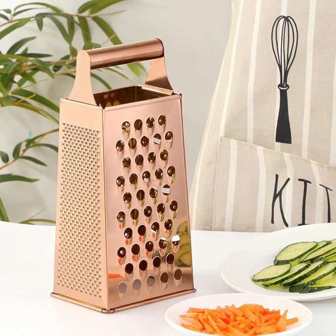 4 Sides Box Grater For Kitchen,Stainless Steel Cheese Grater With Handle,Multi-Function Vegetable Slicer Food Shredder For Chees,Ginger,Vegetables,Rose Gold