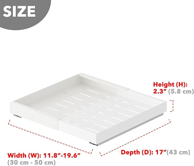 SpaceAid Pull Out Cabinet Organizer, 1 Pack Expandable 11.8"-19.6" (Need to Pull to Widen) Heavy Duty Pull-Out Drawer with Adhesive Tape for Kitchen Storage Cabinets (White, 17" Deep)
